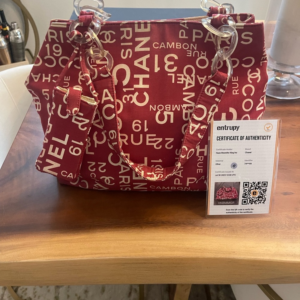Authentic Chanel sea line dark red & cream canvas tote bag